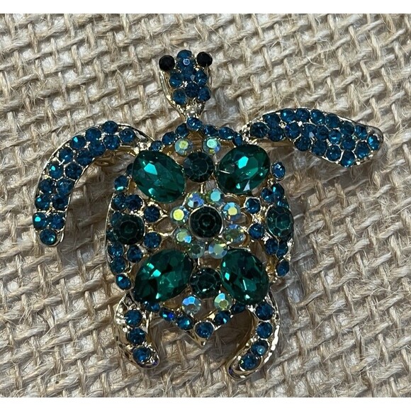 Turtle Brooch Pendant Ocean Creature Green Rhinestone Tortoise Turtle Lovers - Picture 1 of 9